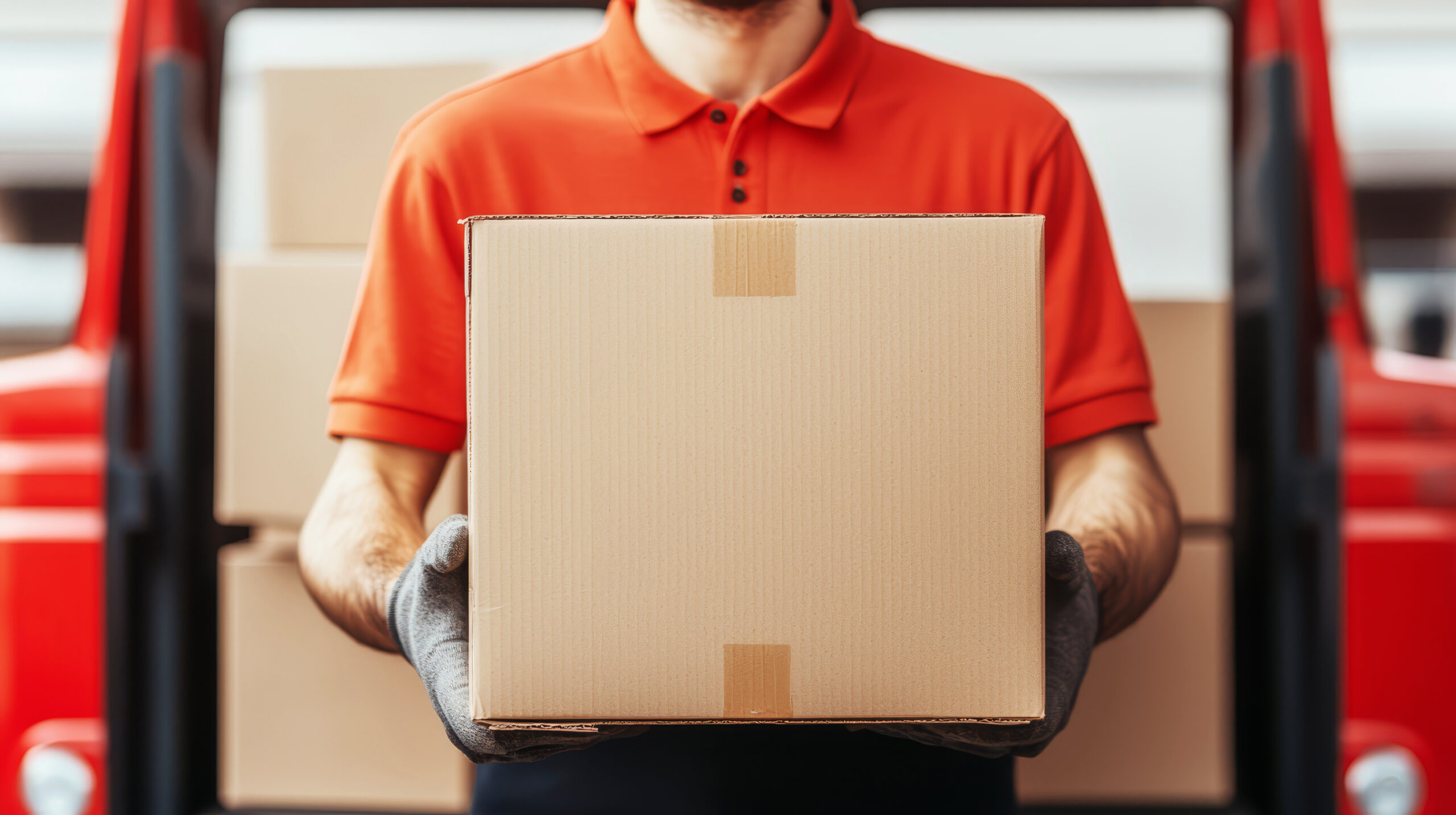 Last mile delivery service. A man in a red shirt carries a cardboard box from a delivery vehicle.