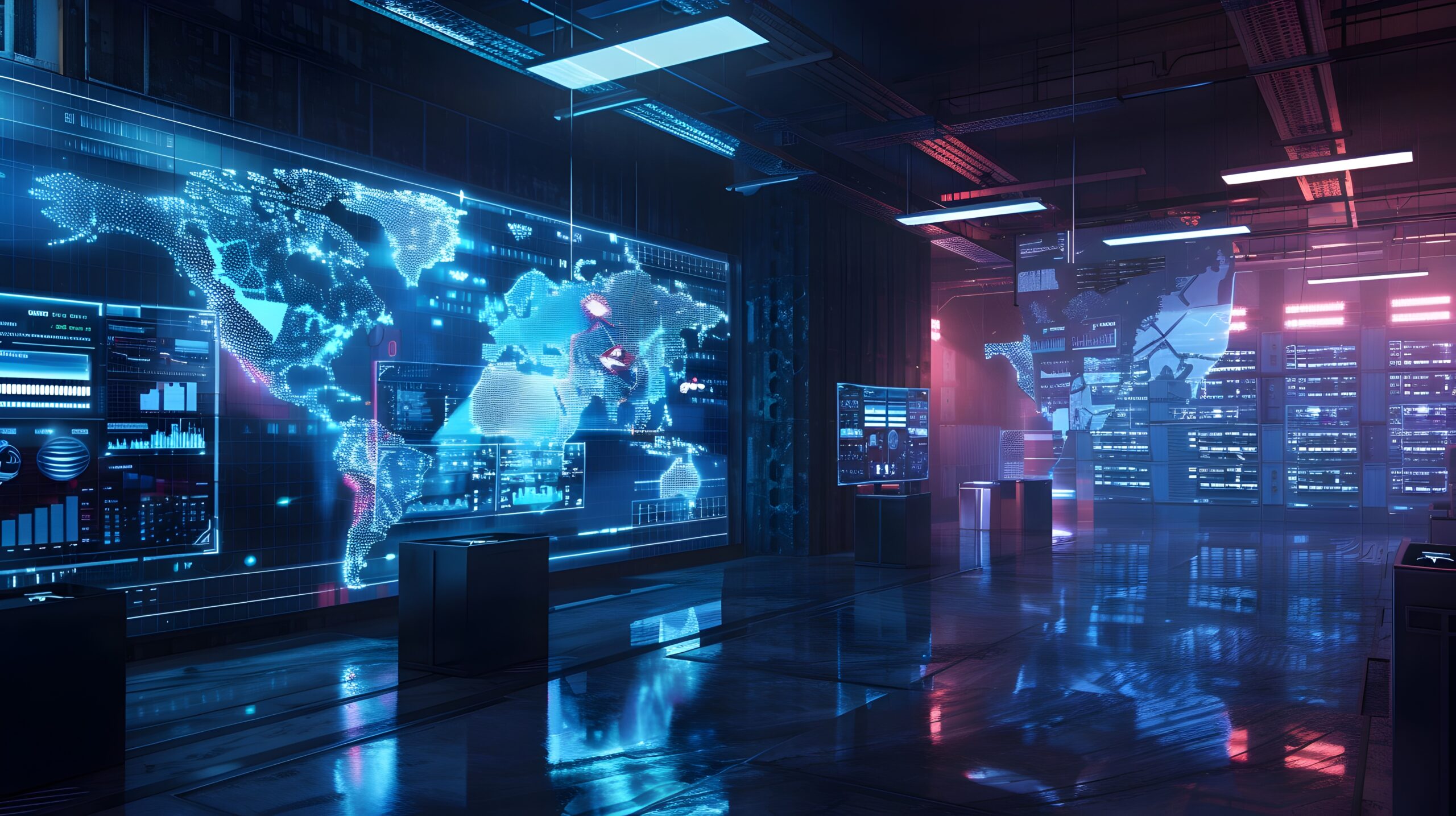 Futuristic Logistics Control Center with Holographic Mapping and Real Time Data Tracking