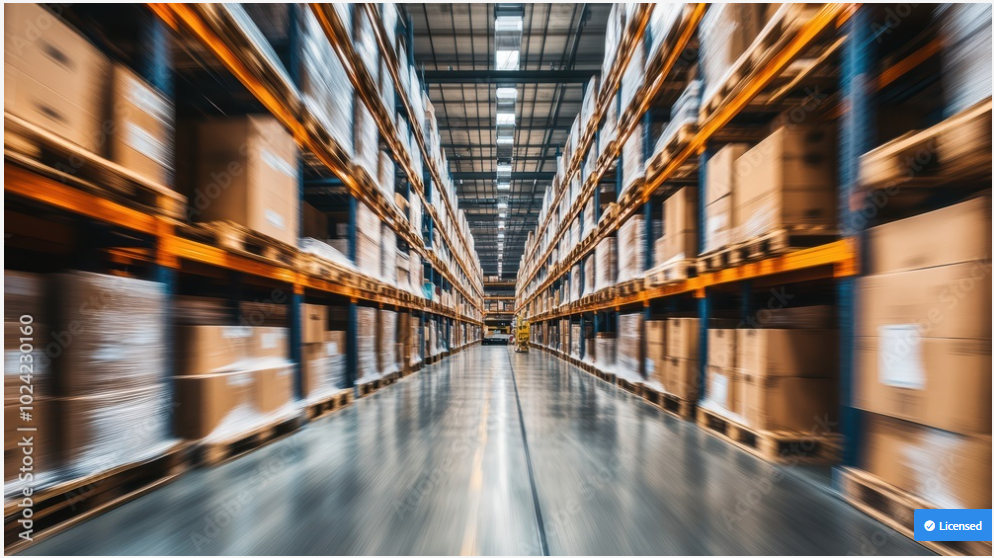 warehouse full of shelves with goods in cartons, with pallets and forklifts. Logistics and transportation blurred background.