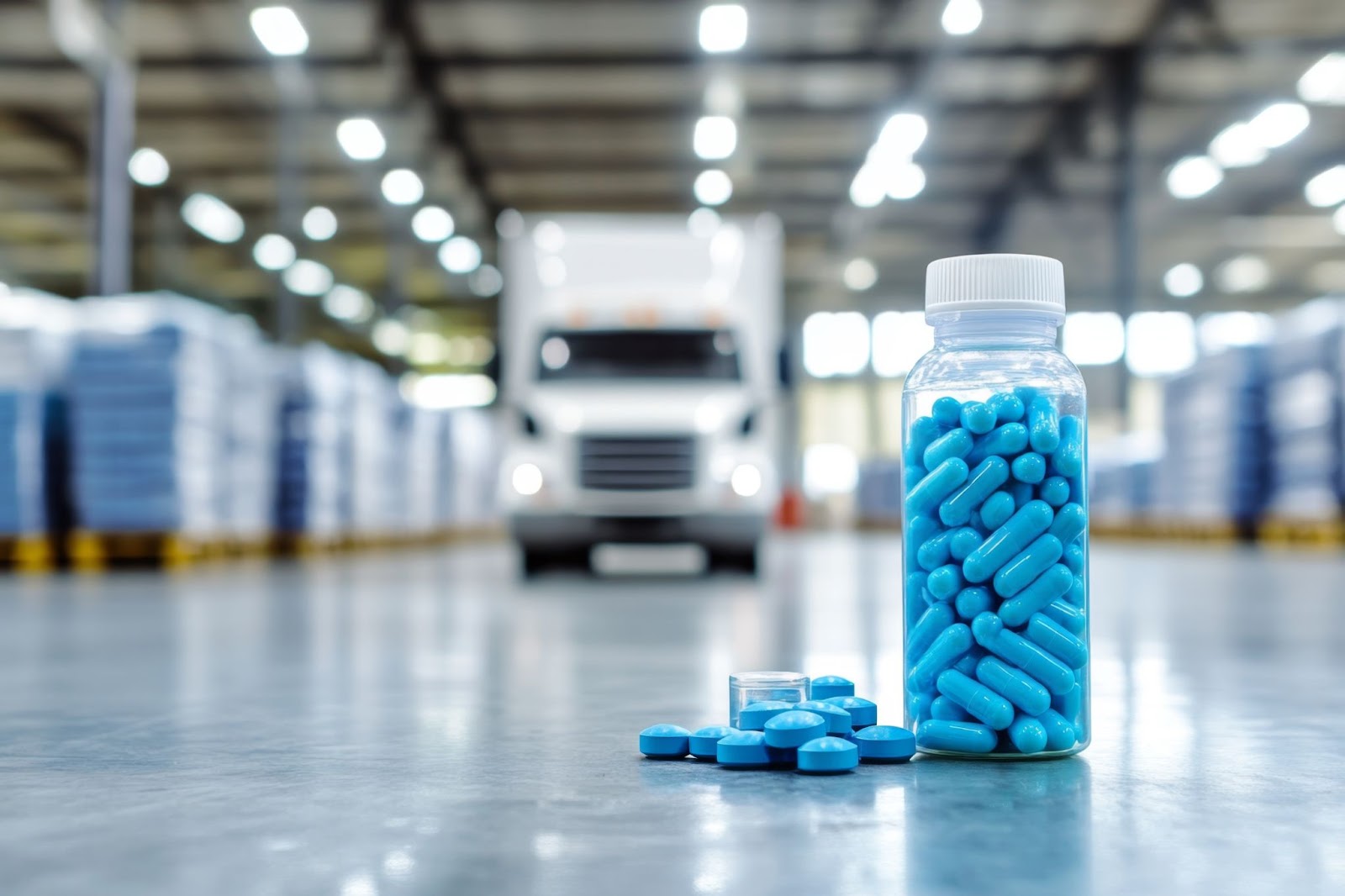 Pharmaceutical warehouse, a truck and bottle of blue pills on the floor