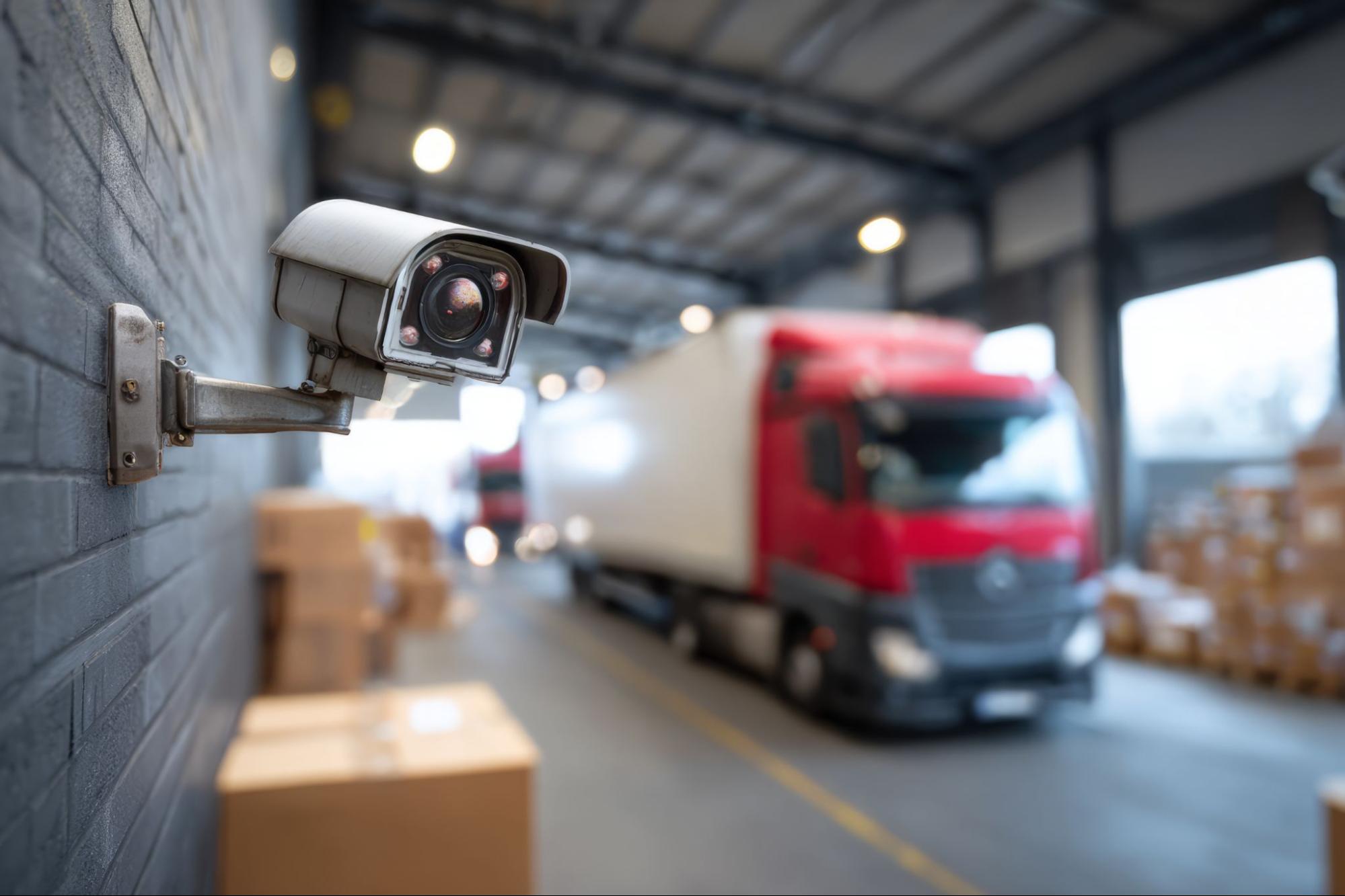 Surveillance camera on brick wall monitoring with red truck and pallets in background during golden hour light