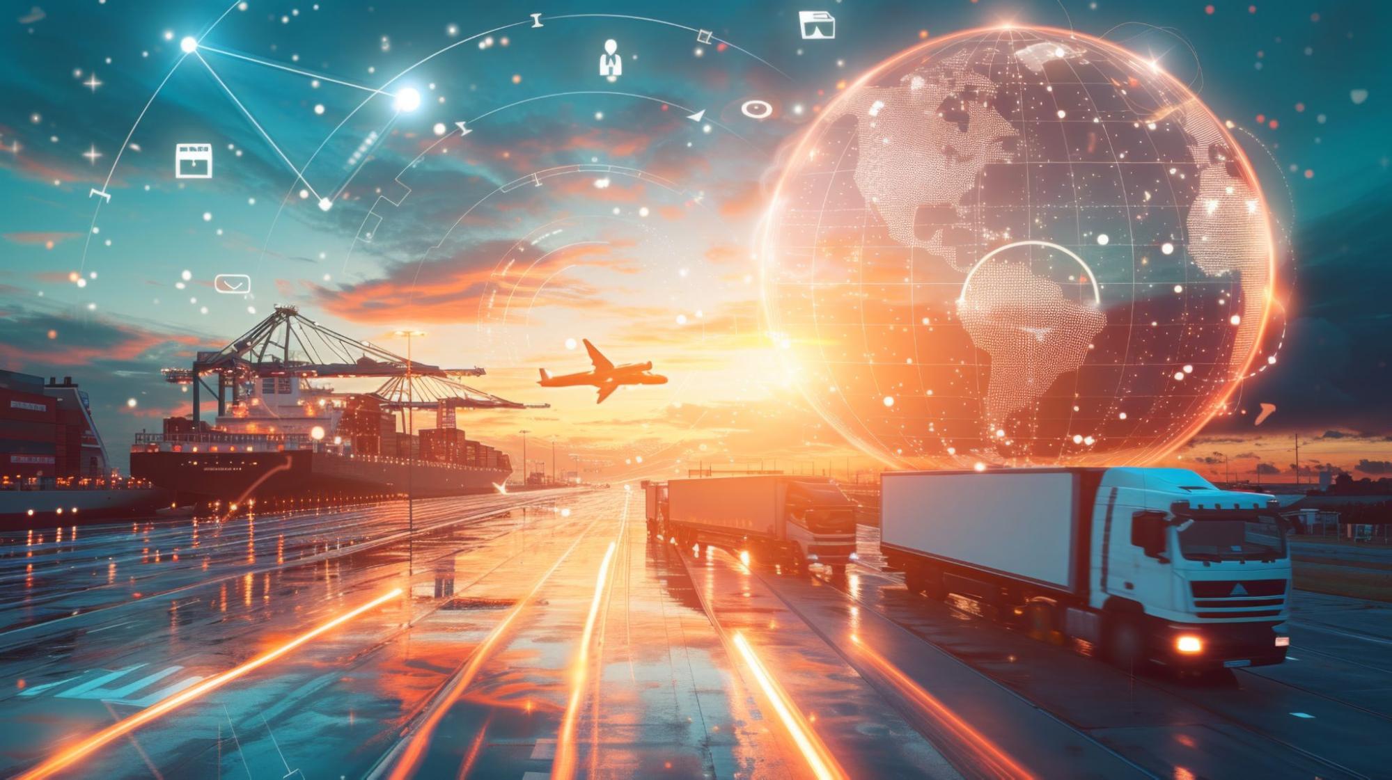 dynamic transportation and logistics concept, showcasing various modes of freight transport such as trucking and aviation, integrated with digital connectivity and global networking