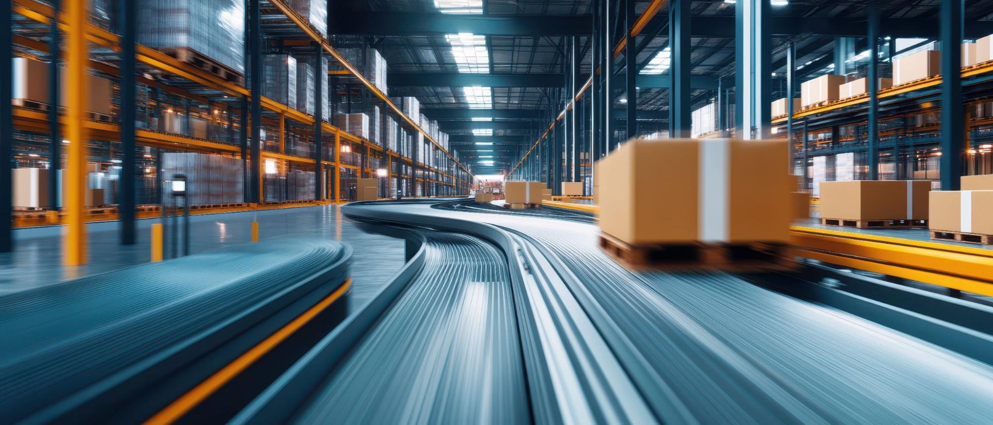 conveyor belts sorting packages at high speed, futuristic logistics technology