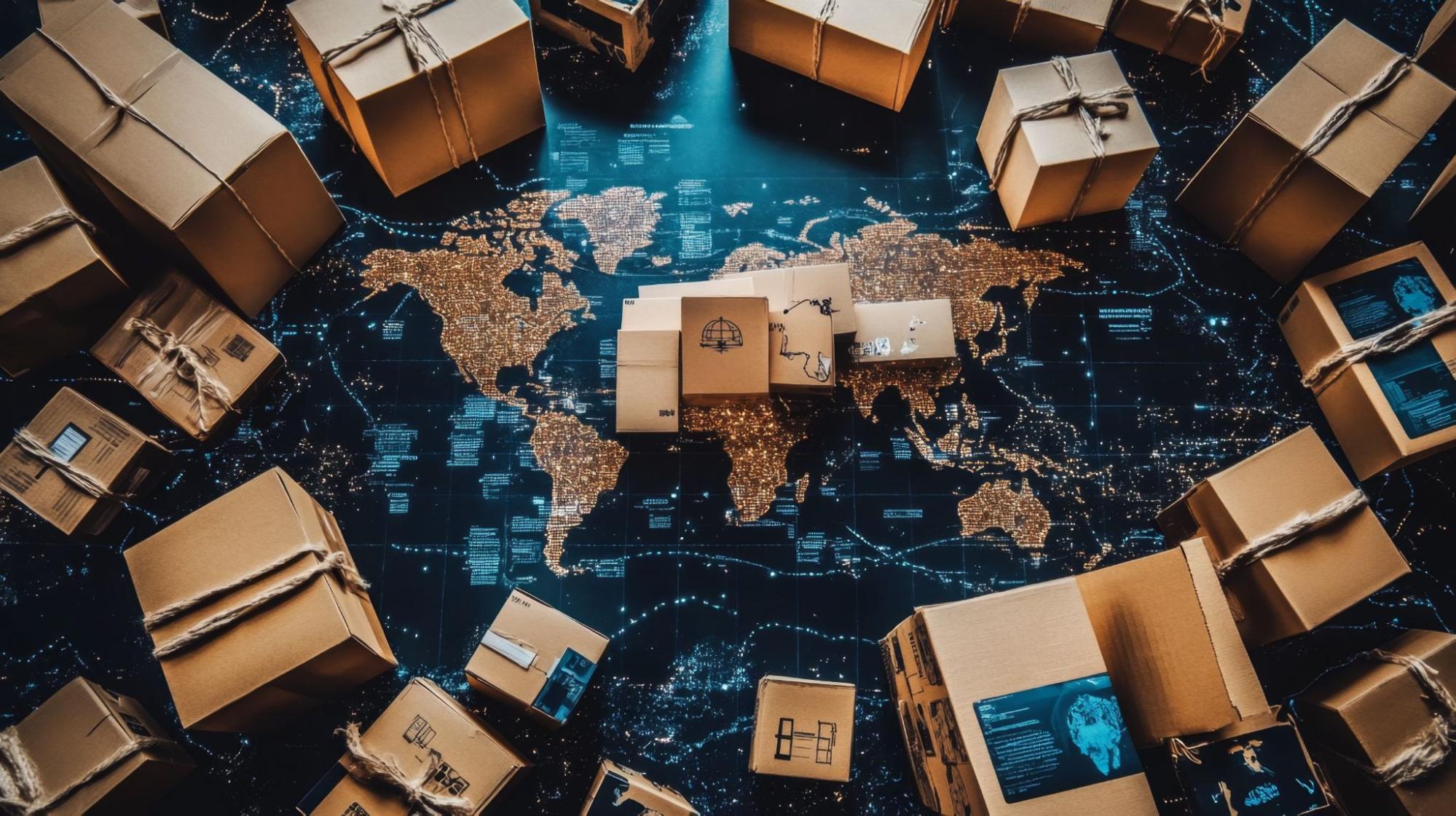 global shipment visibility represented by boxes on top of world map