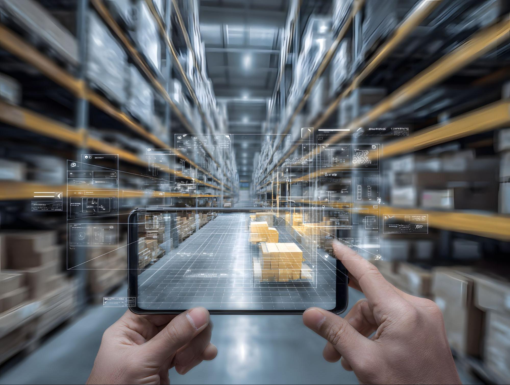 Smart warehouse management system using reality technology to identify package picking and delivery . Future concept of supply chain.