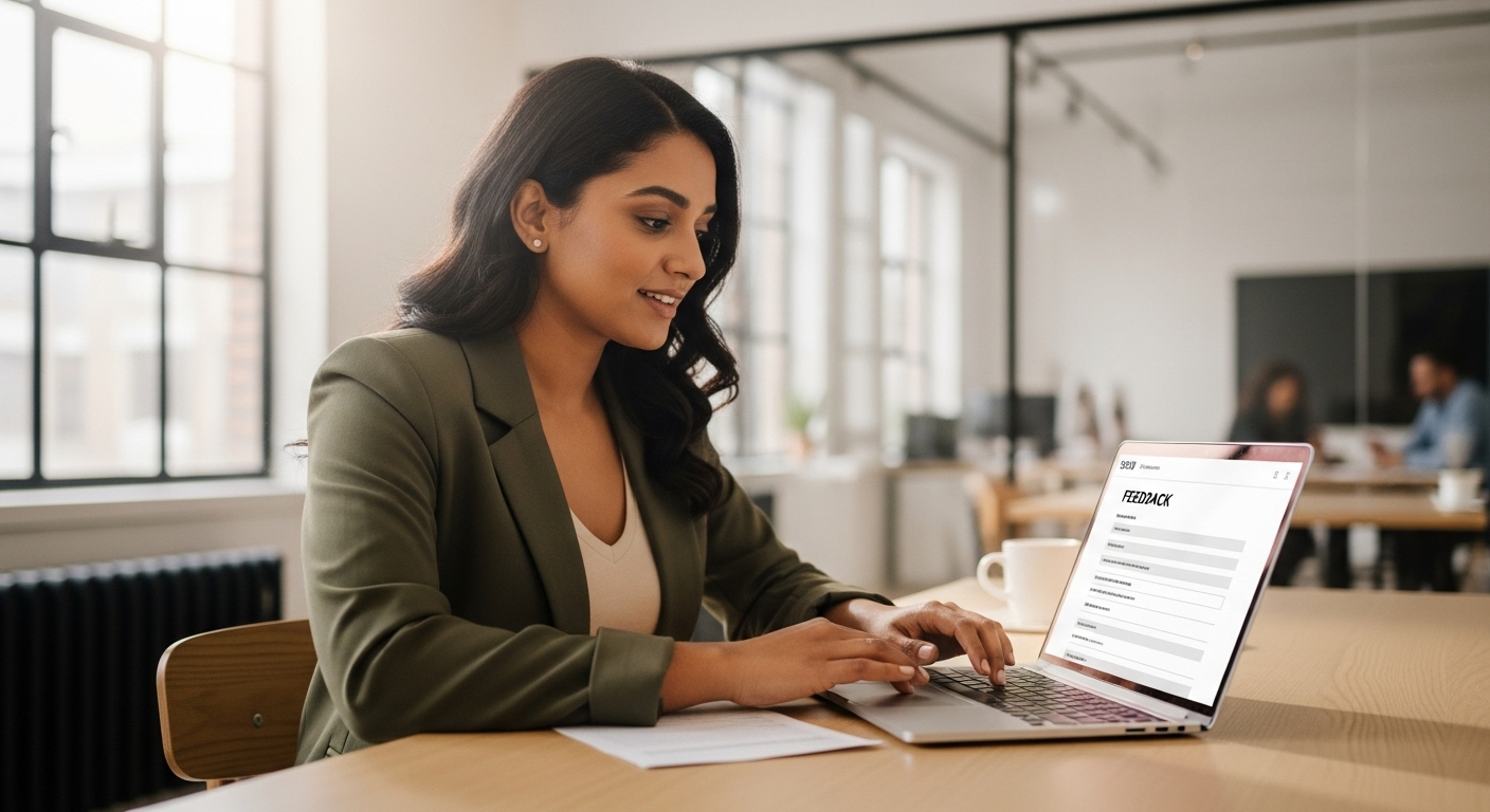 Person typing feedback on a laptop with a survey form open on the screen in a modern office
