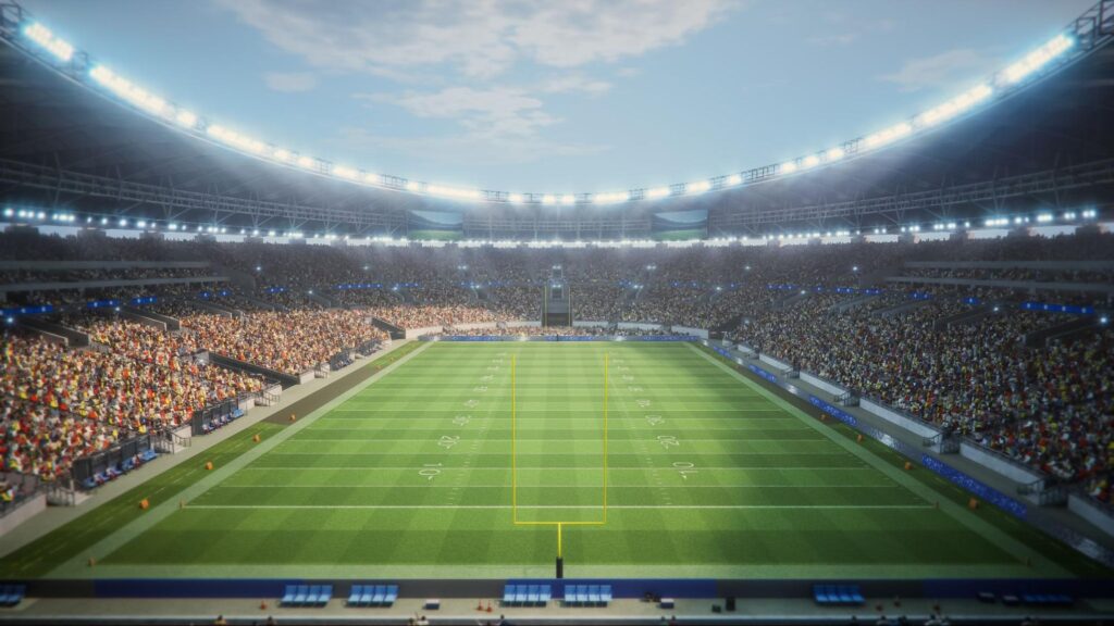 Day Aerial View of American Football Stadium With a Large Crowd, Championship Event