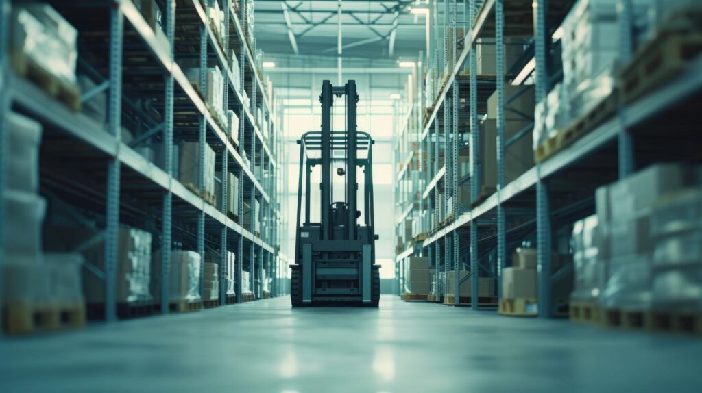 Forklift operating inside a modern warehouse showcasing efficient inventory management and resilient supply chain operations